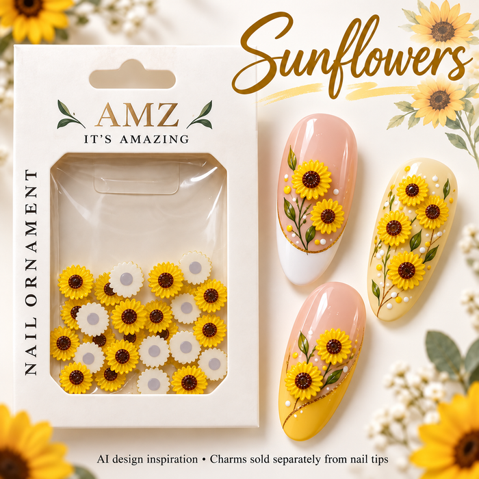 AMZ Sunflowers package and three AI nail art inspiration designs – packaging mockup