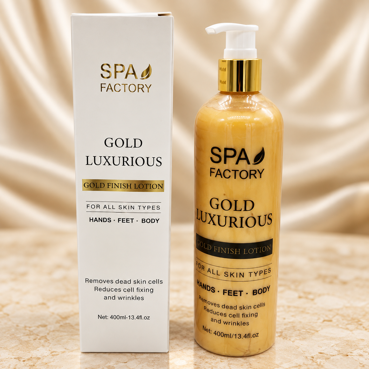 Spa Factory Gold Spa Lotion — original product photograph with ivory and champagne styling