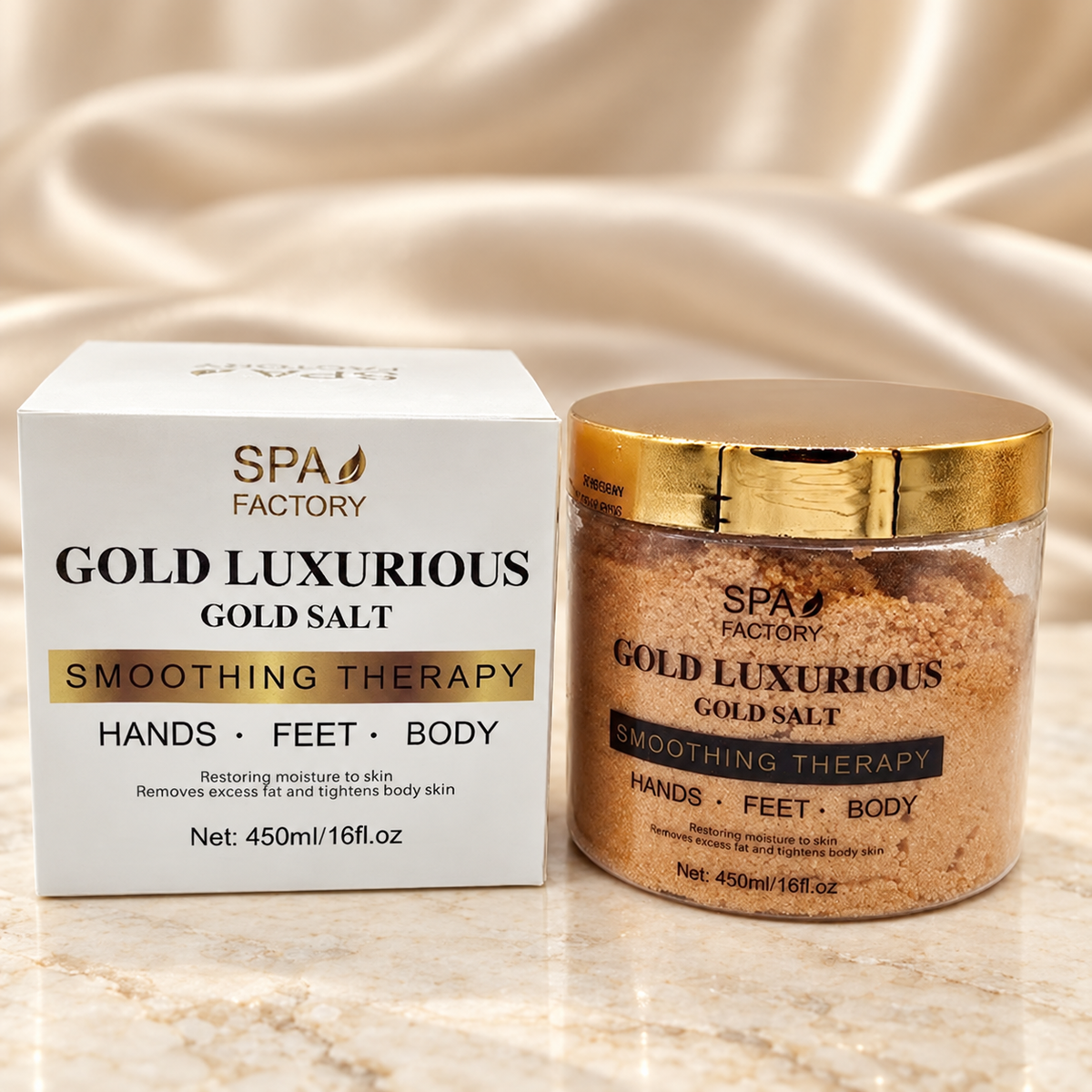 Spa Factory Gold Spa Salt — original product photograph with ivory and champagne styling