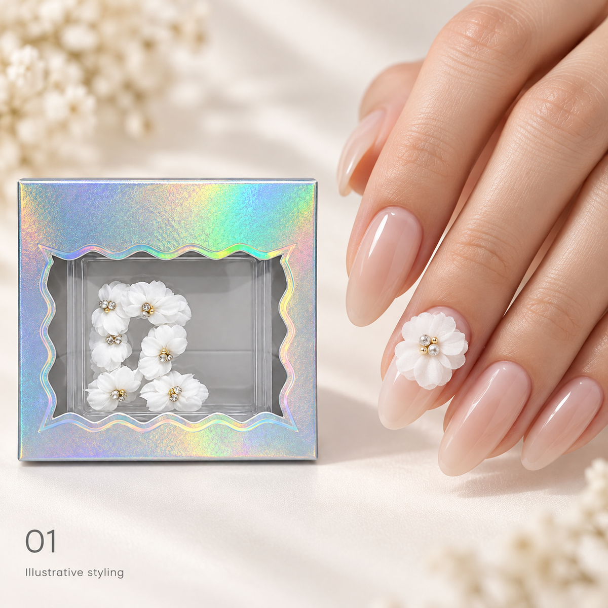 Design 01 white flower charm box with illustrative nude manicure