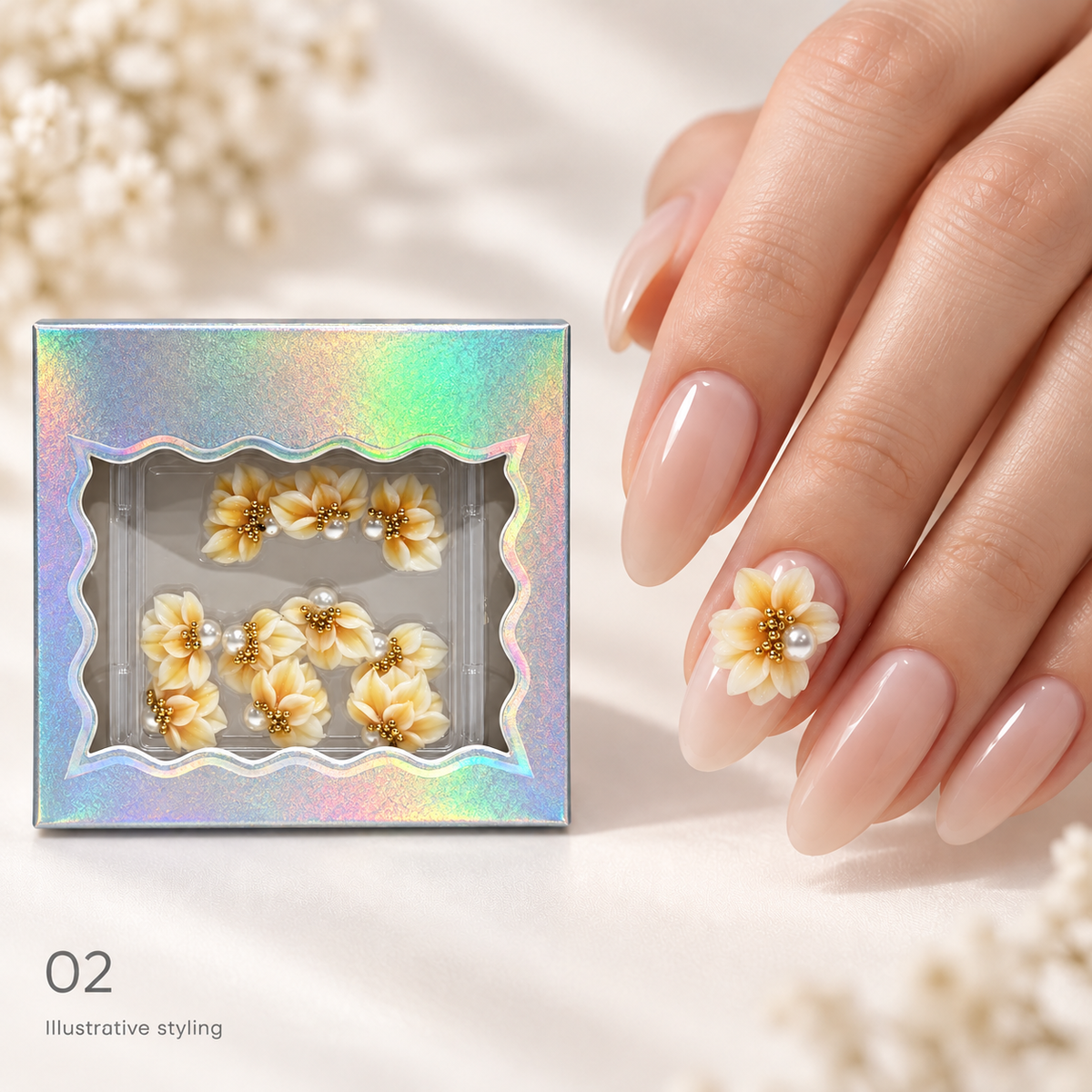 Design 02 box with matching nail art — AI illustrative styling