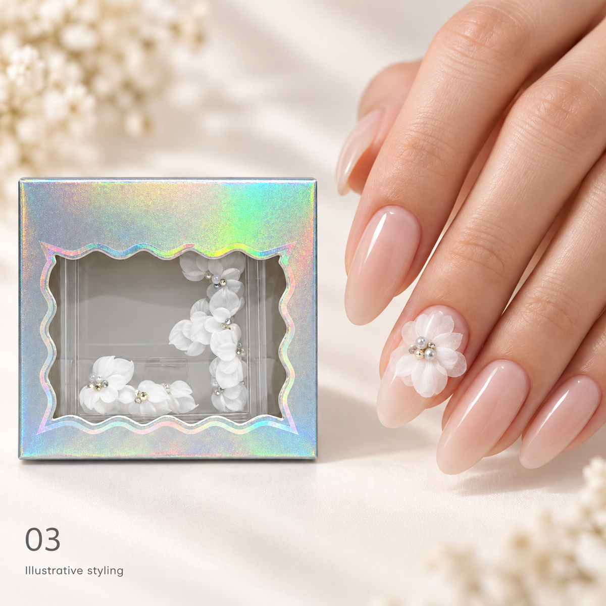 Design 03 box with matching nail art — AI illustrative styling