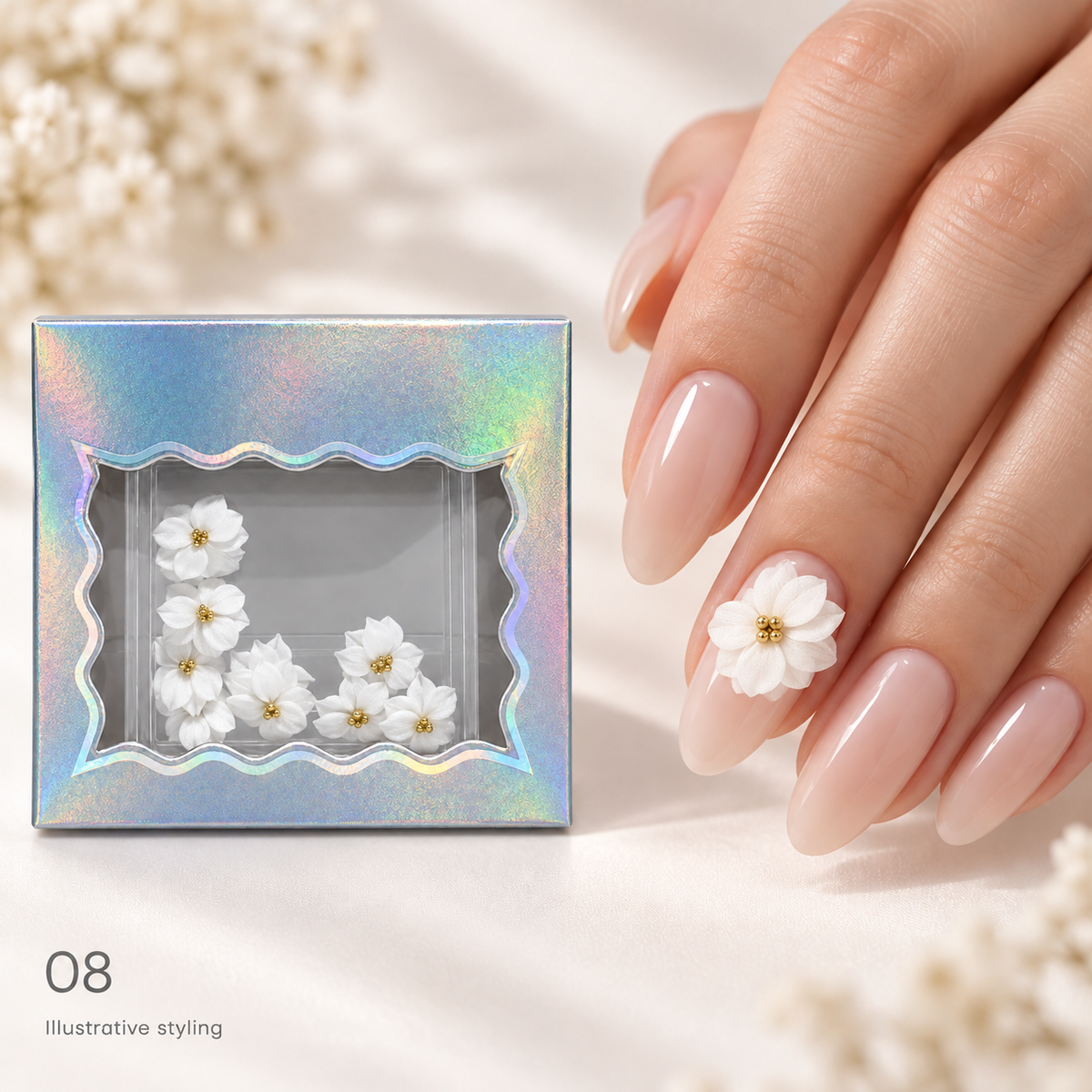 Design 08 box with matching nail art — AI illustrative styling