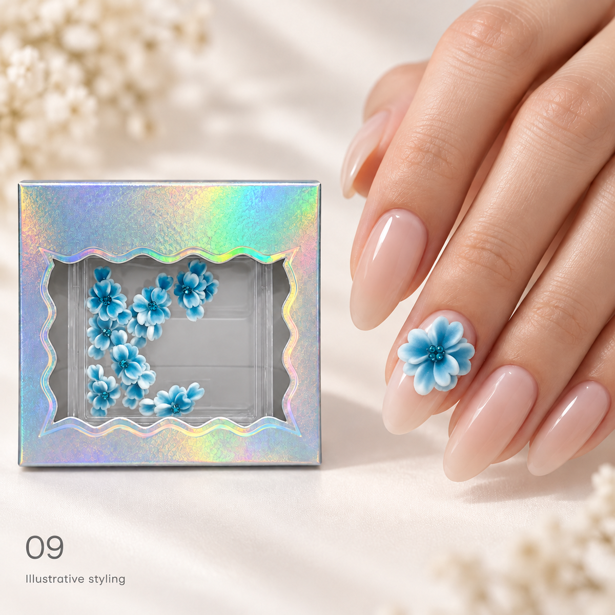 Design 09 box with matching nail art — AI illustrative styling