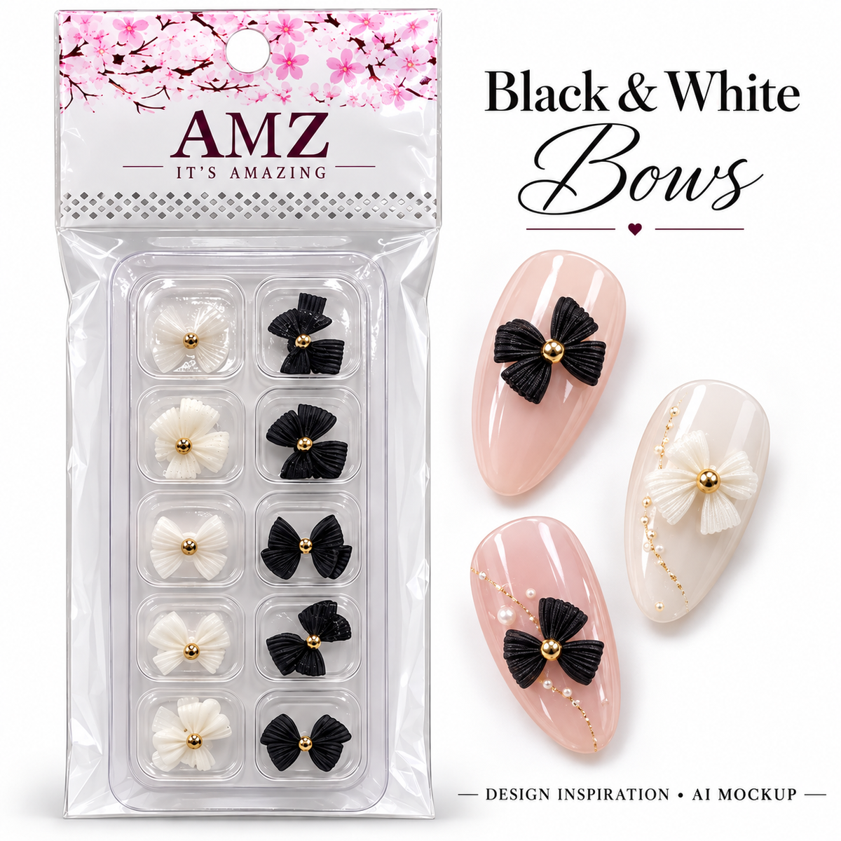 Black & White Bows package and AI nail art design inspiration