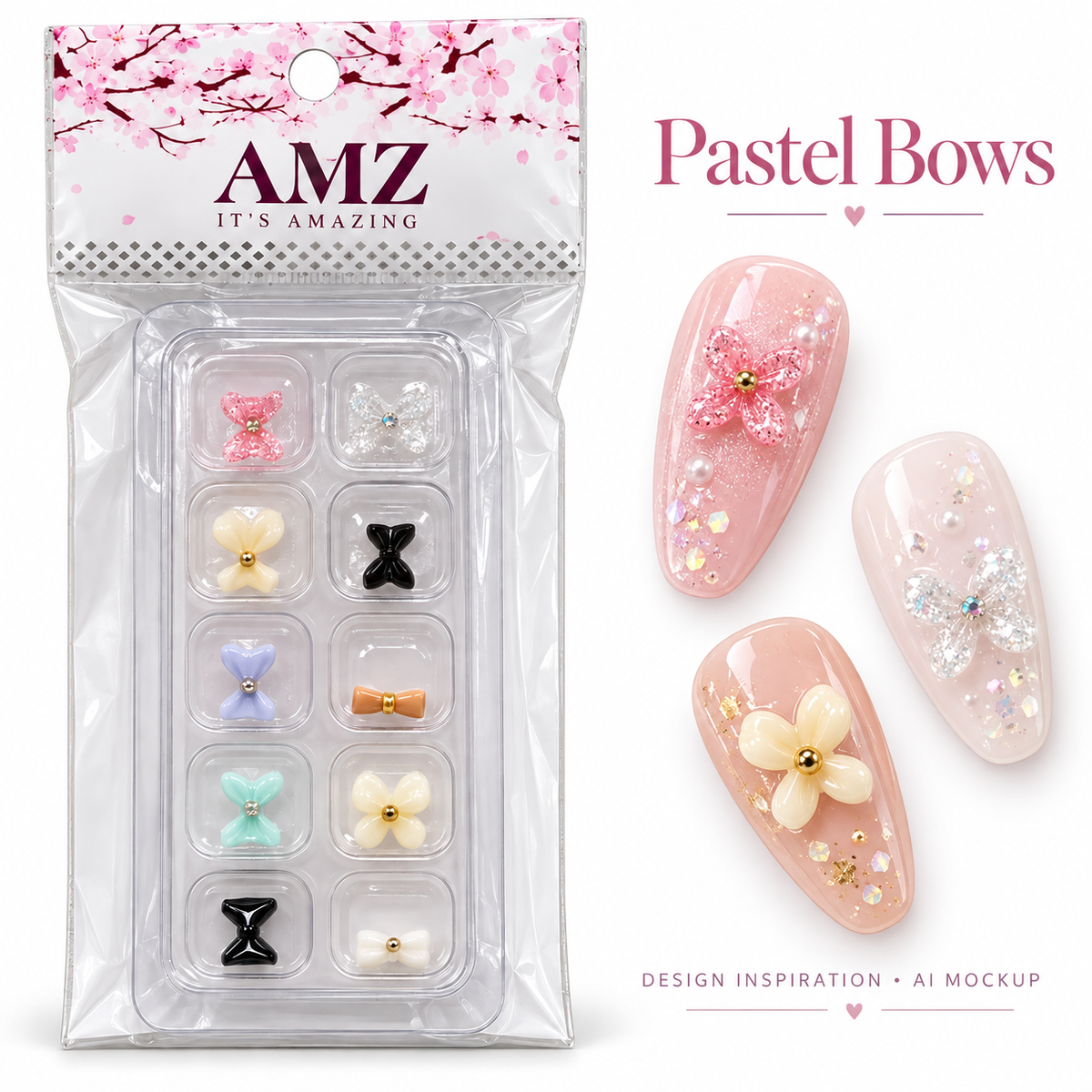 Pastel Bows package and AI nail art design inspiration