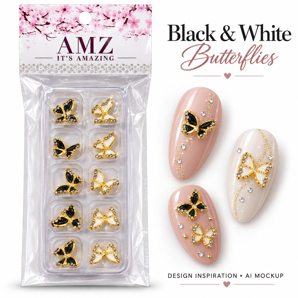 Black & White Butterflies package and AI nail art design inspiration