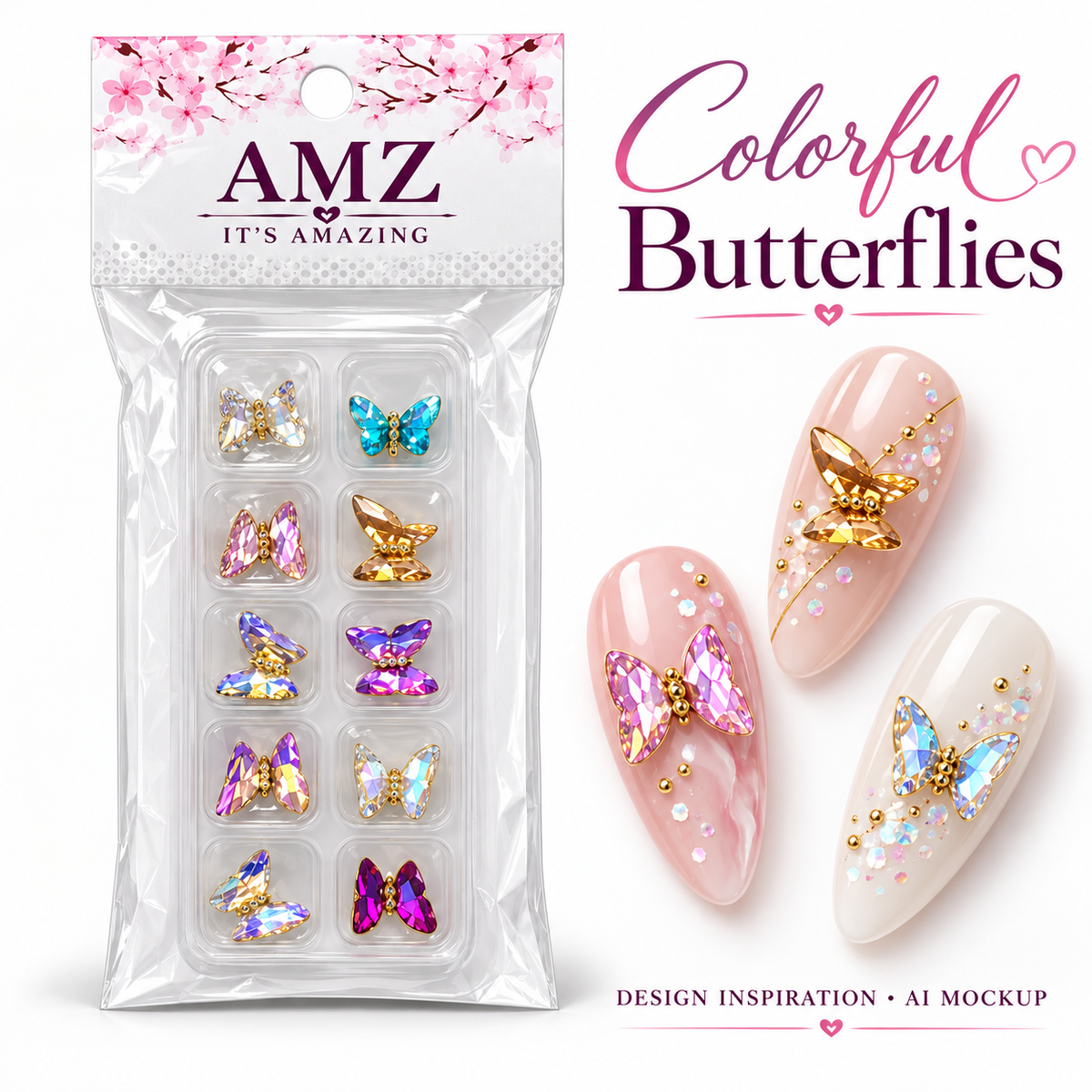 Colorful Butterflies package and AI nail art design inspiration