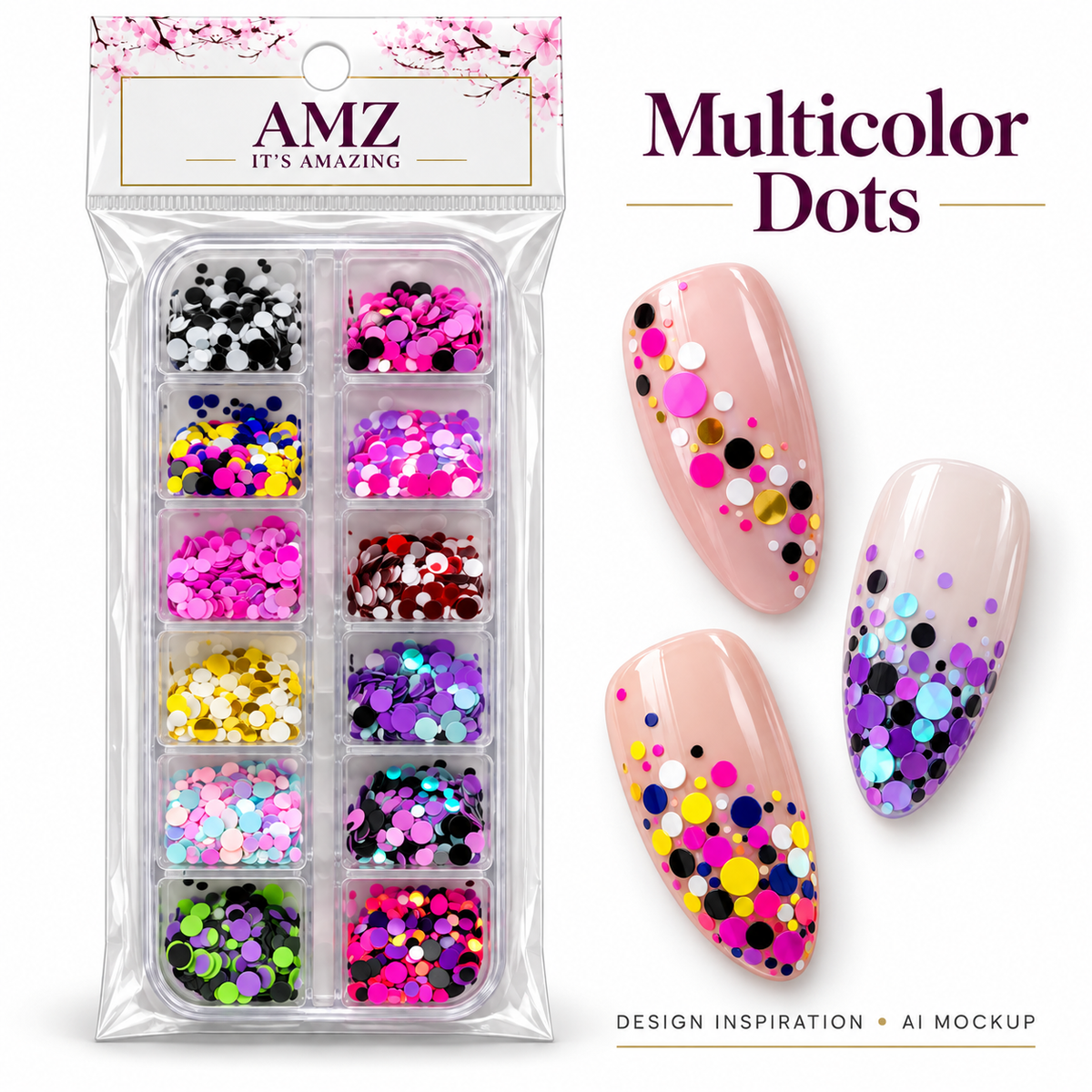 Multicolor Dots package and AI nail art design inspiration