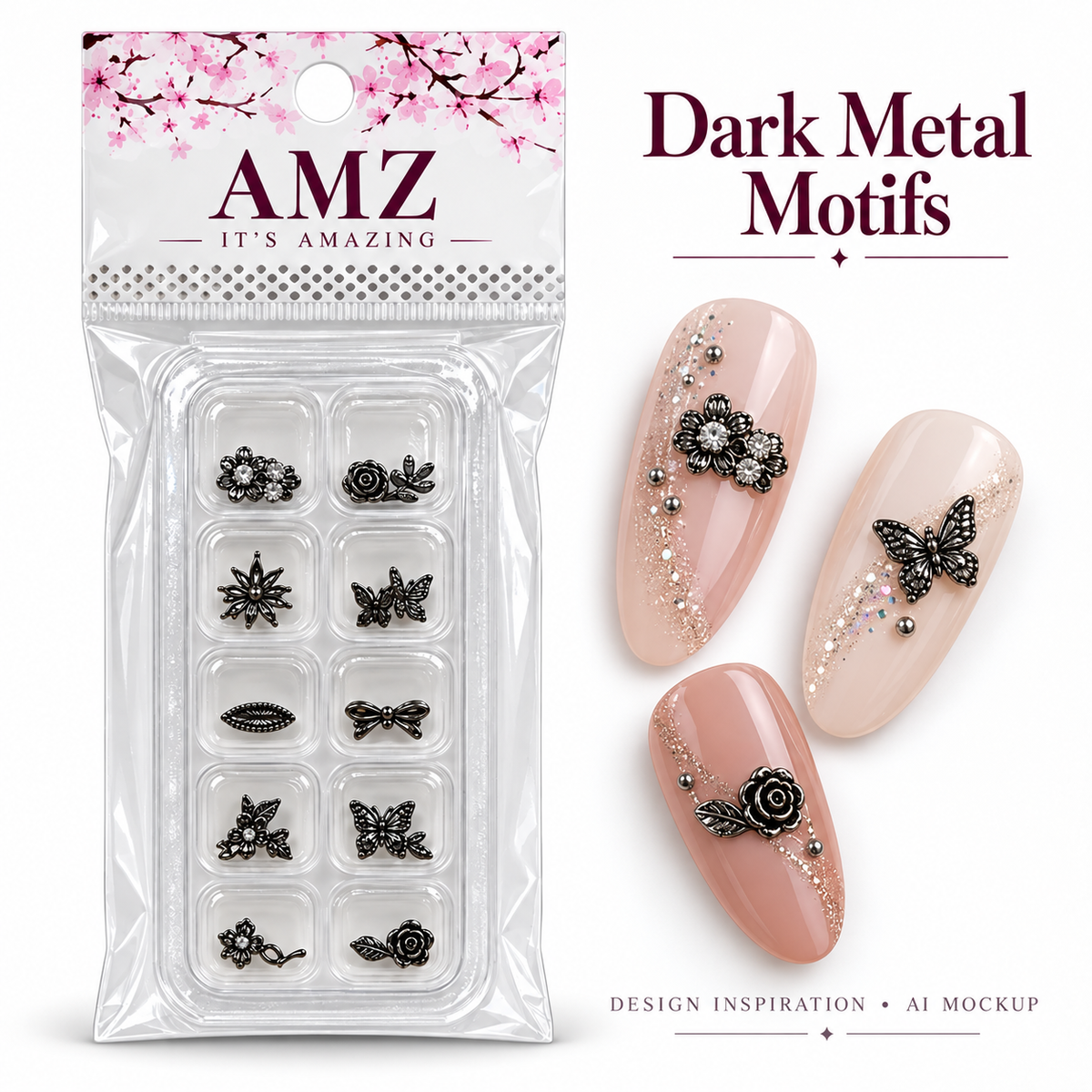 Dark Metal Motifs package and AI nail art design inspiration