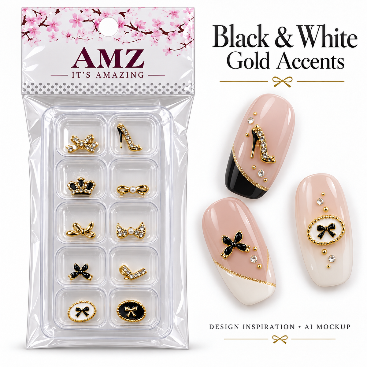 Black & White Gold Accents package and AI nail art design inspiration