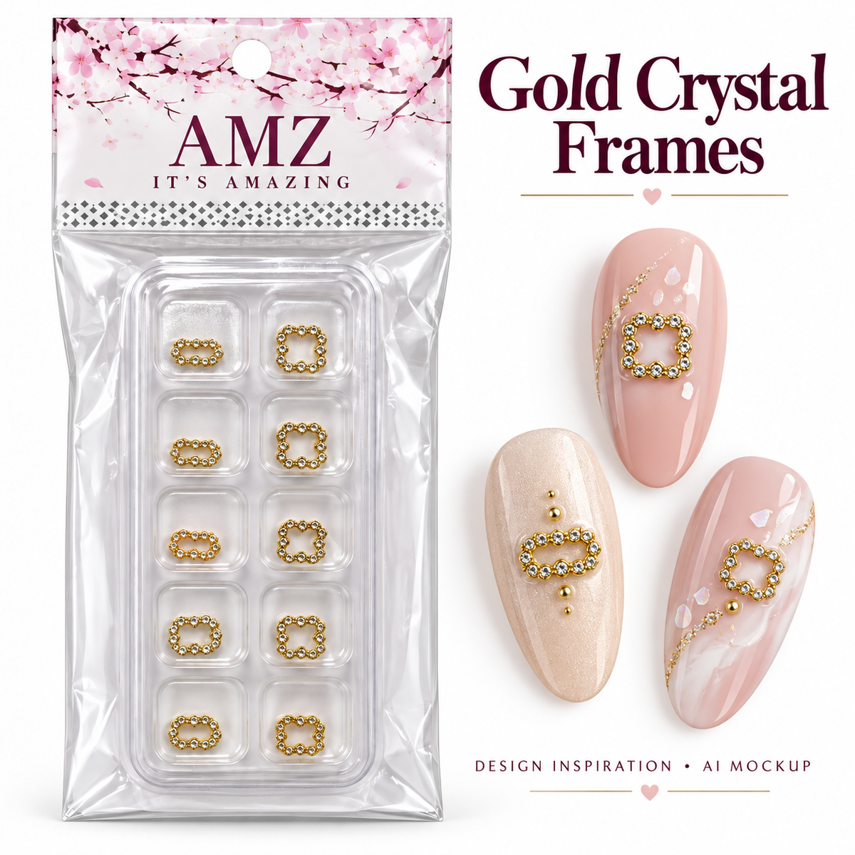 Gold Crystal Frames package and AI nail art design inspiration