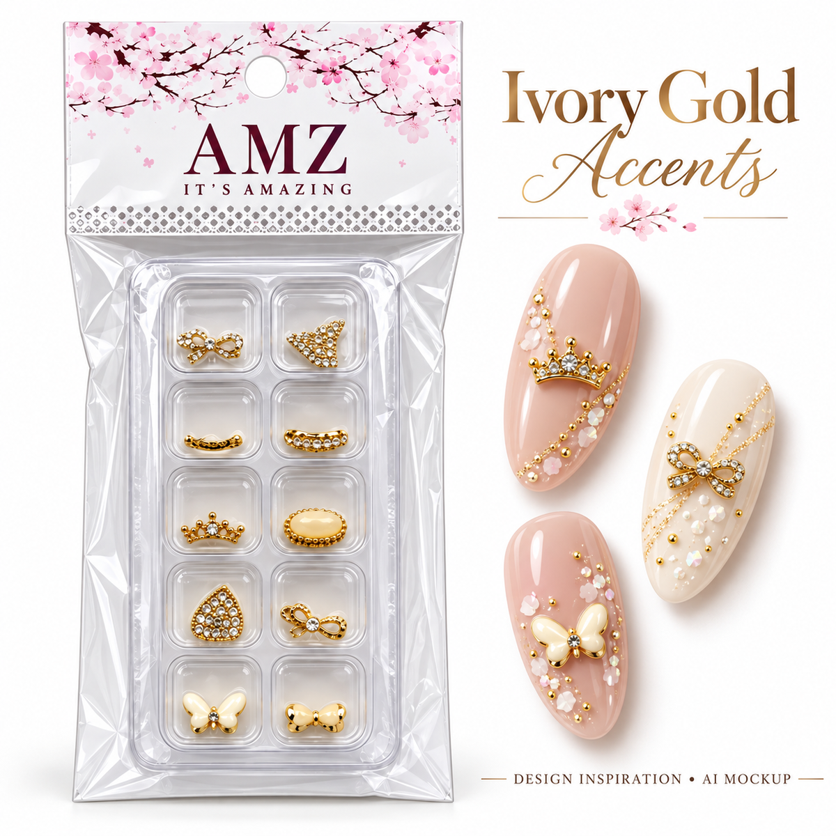Ivory Gold Accents package and AI nail art design inspiration
