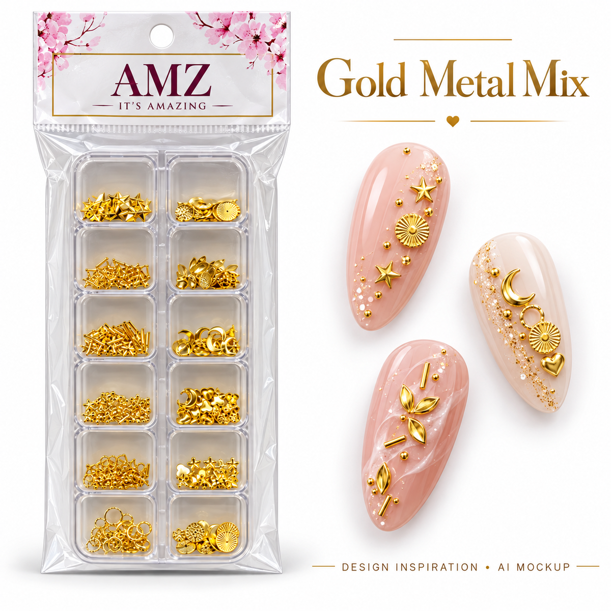 Gold Metal Mix package and AI nail art design inspiration
