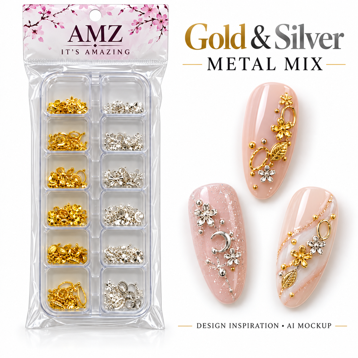 Gold & Silver Metal Mix package and AI nail art design inspiration