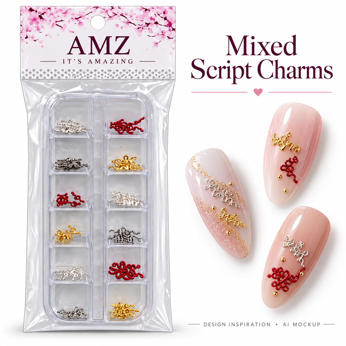 Mixed Script Charms package and AI nail art design inspiration