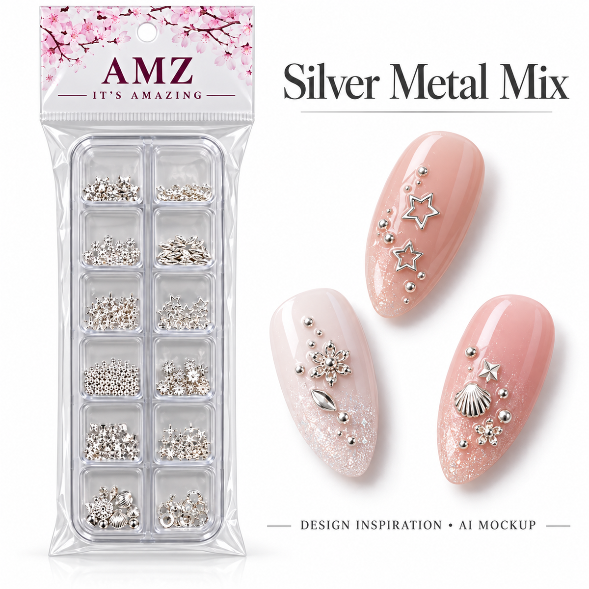Silver Metal Mix package and AI nail art design inspiration