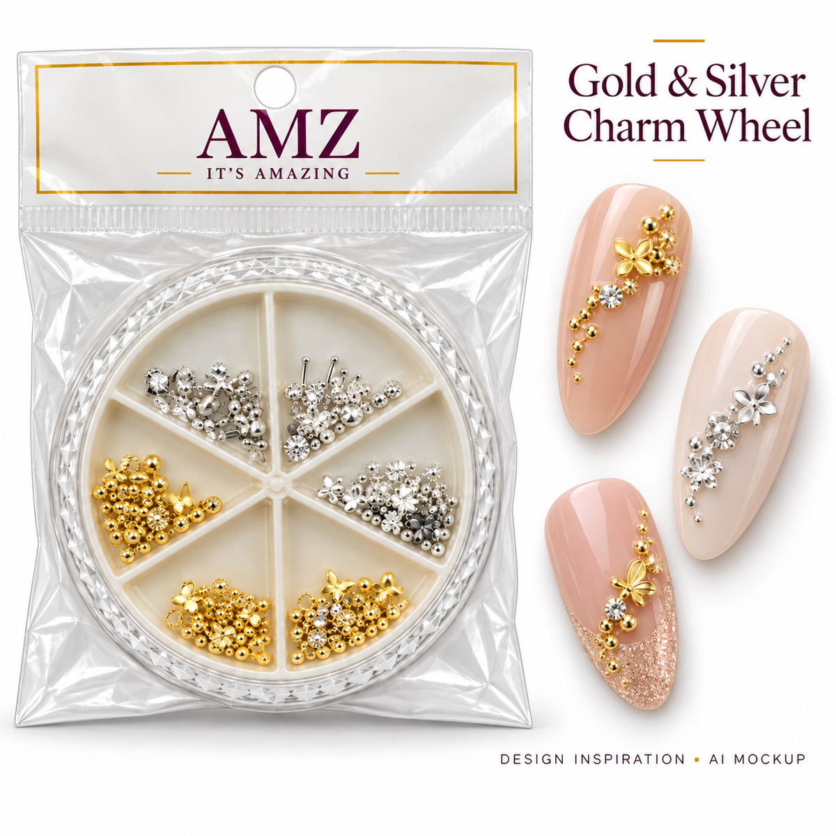 Gold & Silver Charm Wheel package and AI nail art design inspiration