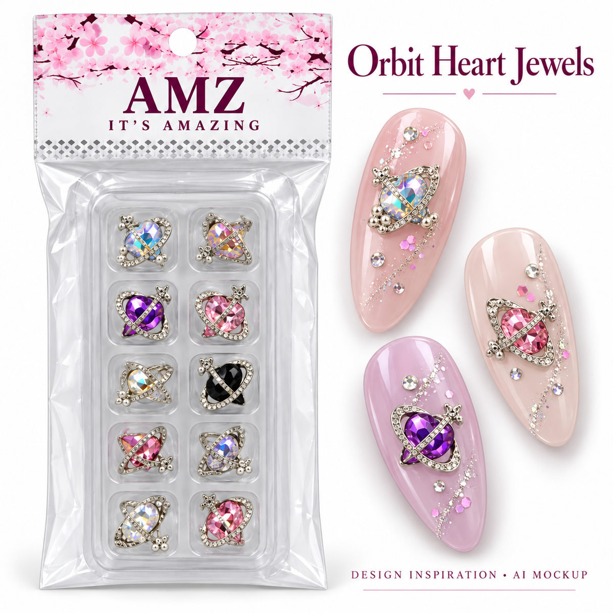 Orbit Heart Jewels package and AI nail art design inspiration