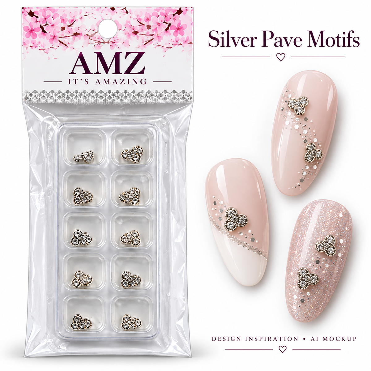 Silver Pave Motifs package and AI nail art design inspiration