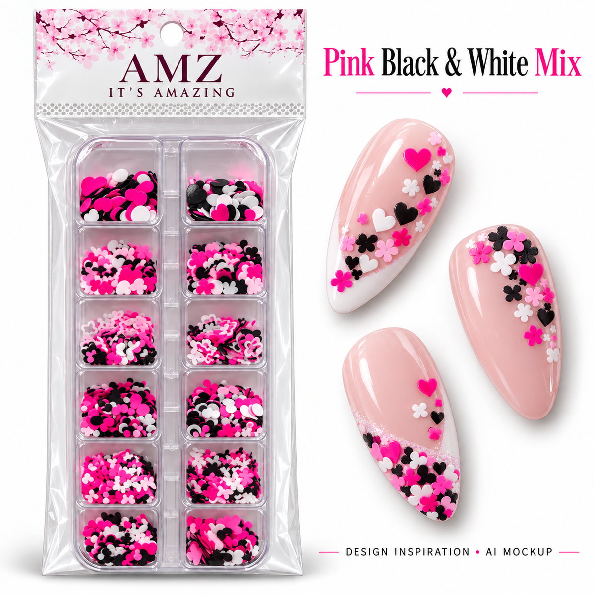 Pink Black & White Mix package and AI nail art design inspiration