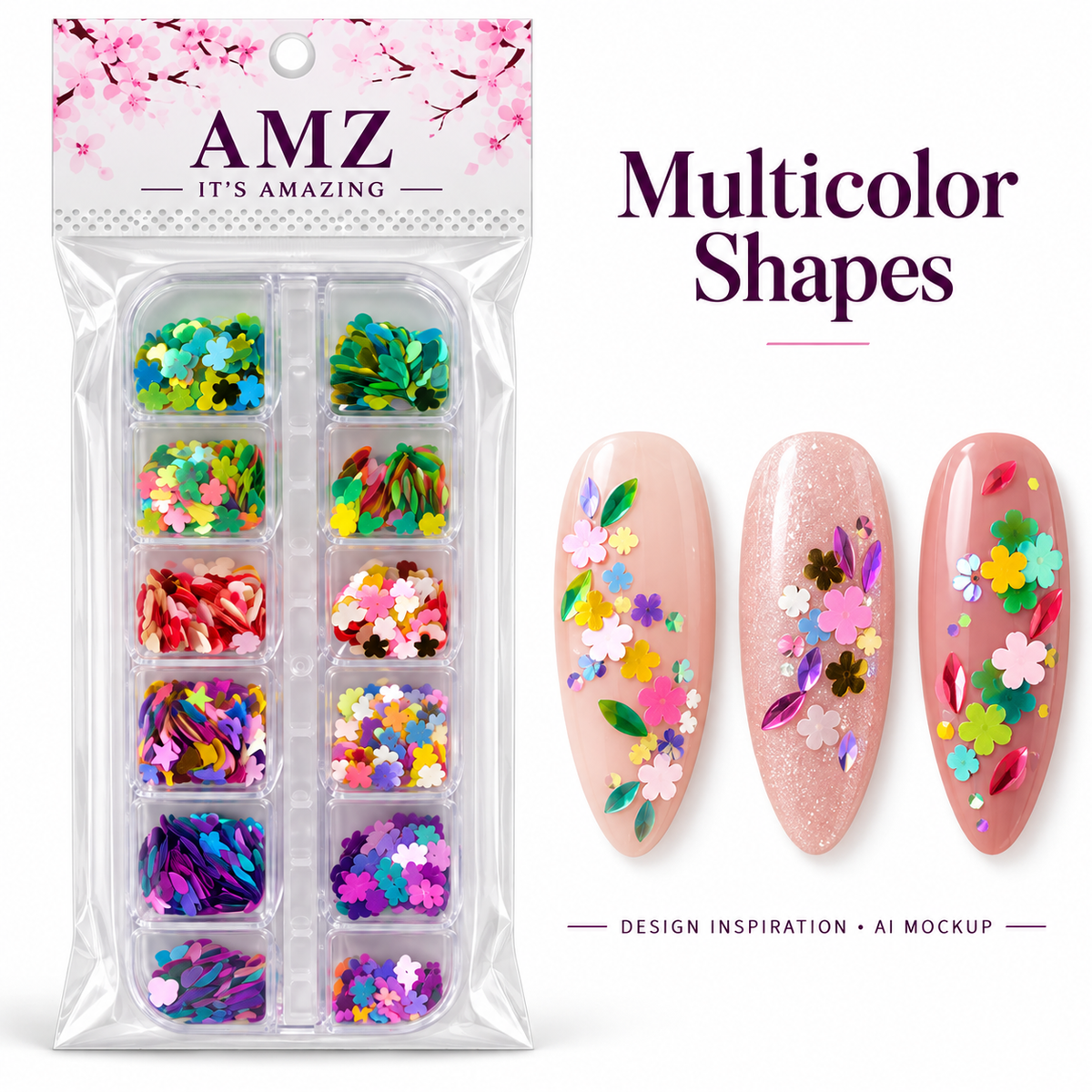 Multicolor Shapes package and AI nail art design inspiration