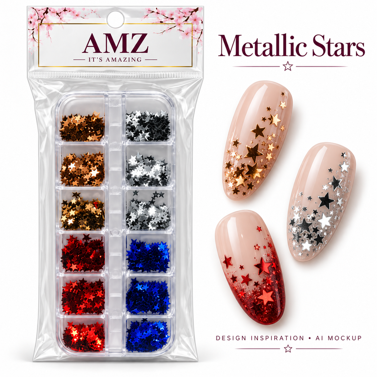 Metallic Stars package and AI nail art design inspiration