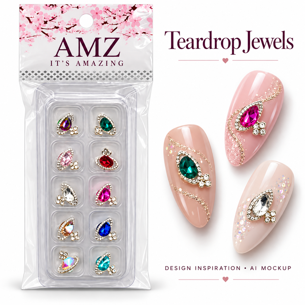 Teardrop Jewels package and AI nail art design inspiration