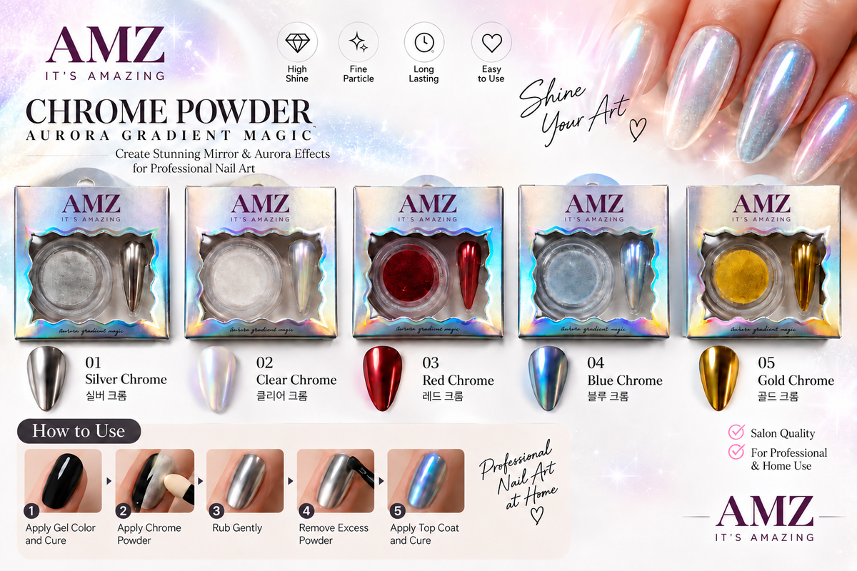 AMZ Chrome Powder hero — retouched packaging design