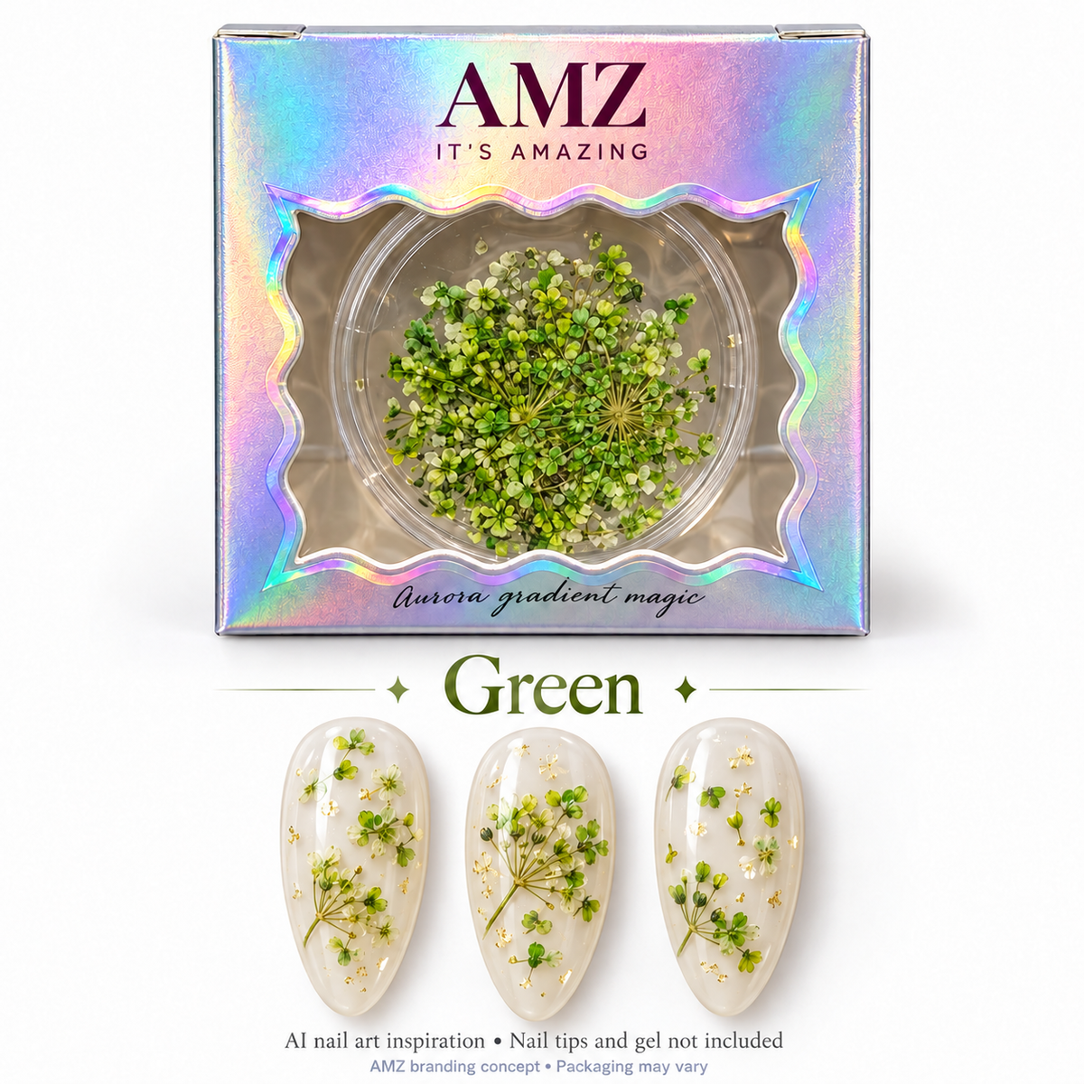 AMZ packaging design concept; AI nail art inspiration