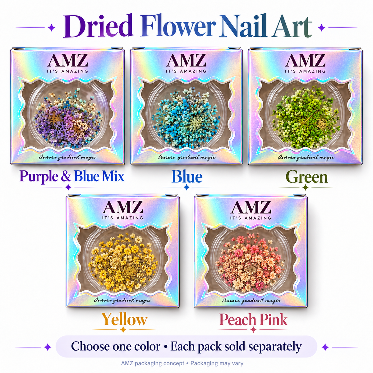 AMZ dried flower nail art — five color options, each pack sold separately; packaging concept