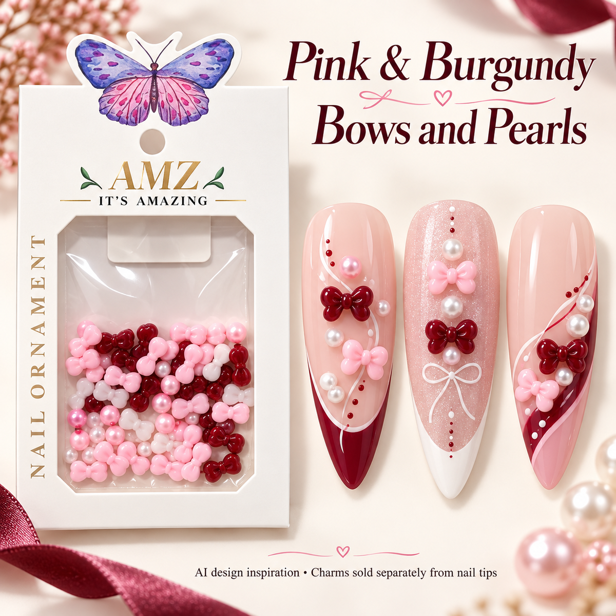 AMZ Pink & Burgundy Bows and Pearls package and three AI nail art inspiration designs – packaging mockup