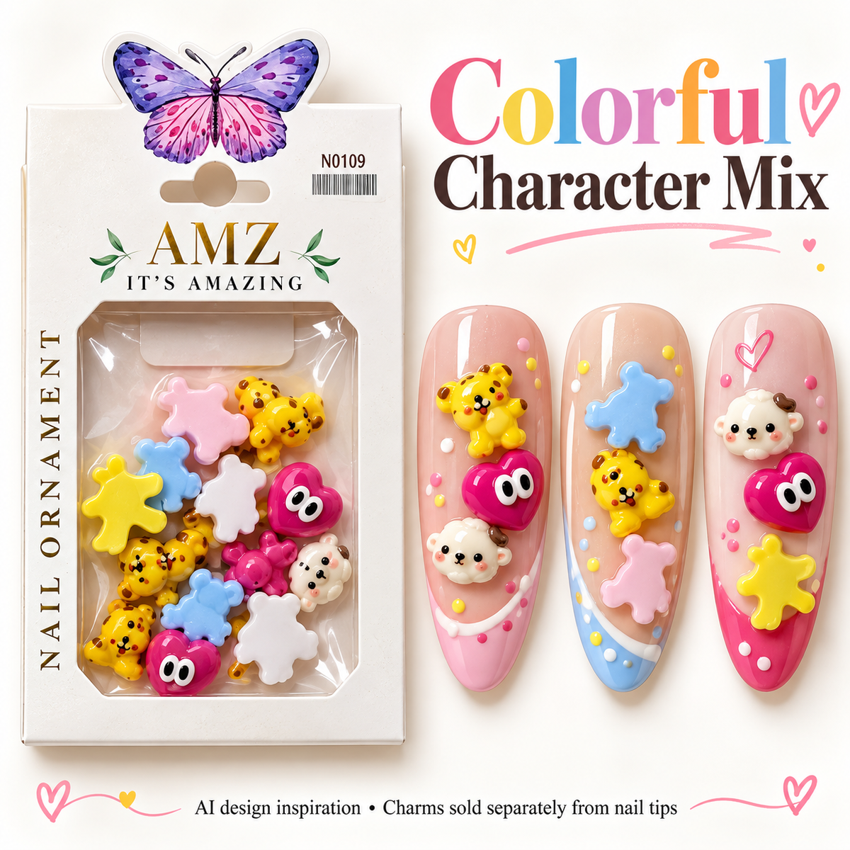 AMZ Colorful Character Mix package and three AI nail art inspiration designs – packaging mockup