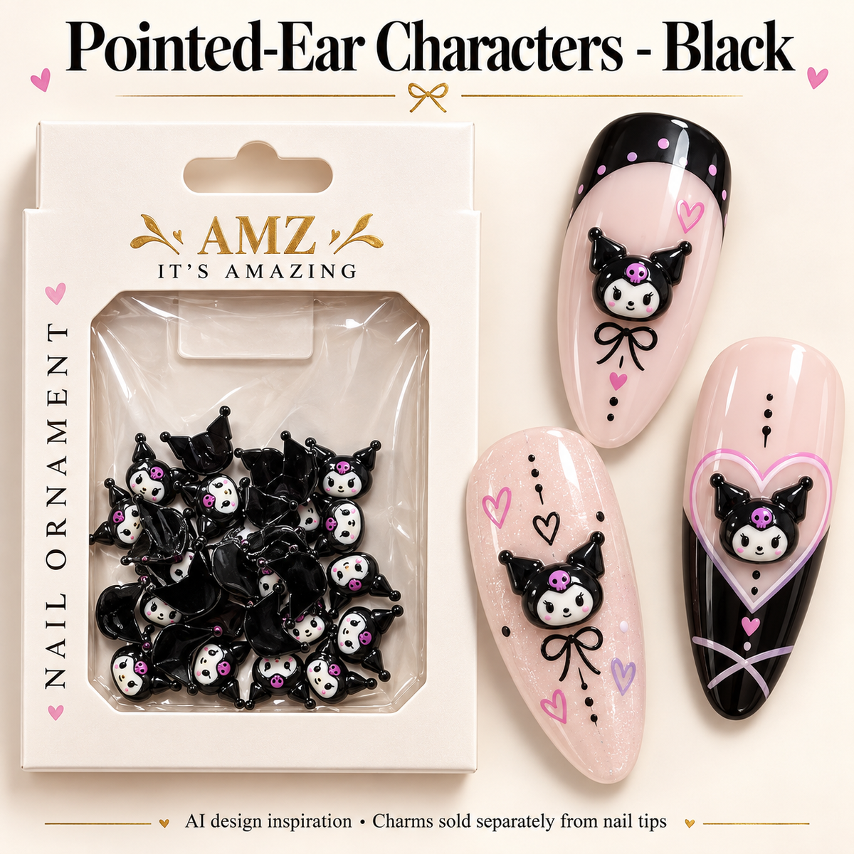 AMZ Pointed-Ear Characters - Black package and three AI nail art inspiration designs – packaging mockup