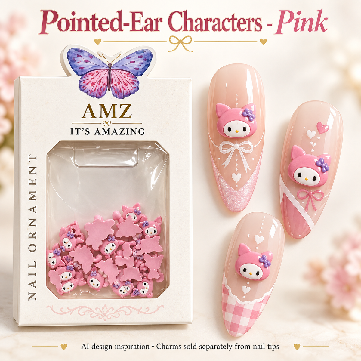 AMZ Pointed-Ear Characters - Pink package and three AI nail art inspiration designs – packaging mockup