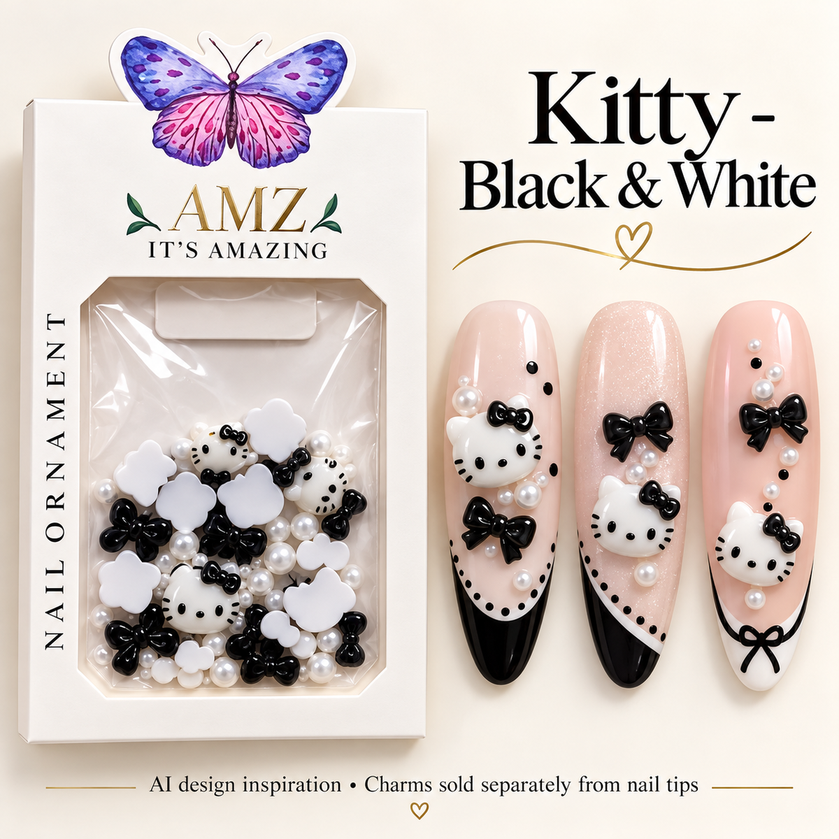 AMZ Kitty - Black & White package and three AI nail art inspiration designs – packaging mockup