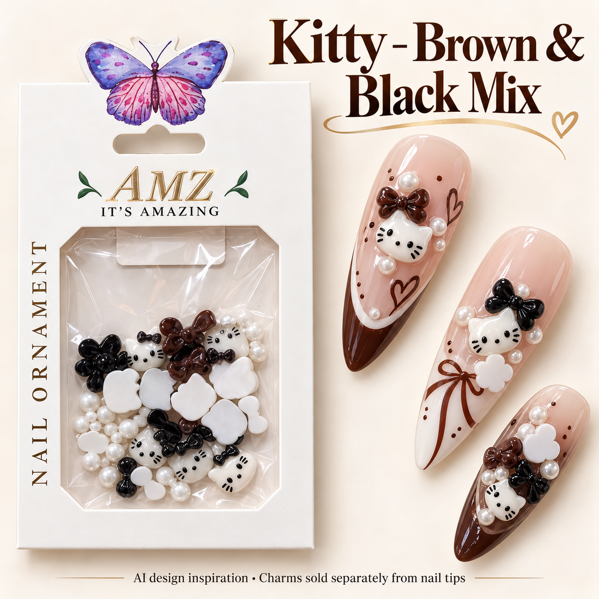 AMZ Kitty - Brown & Black Mix package and three AI nail art inspiration designs – packaging mockup