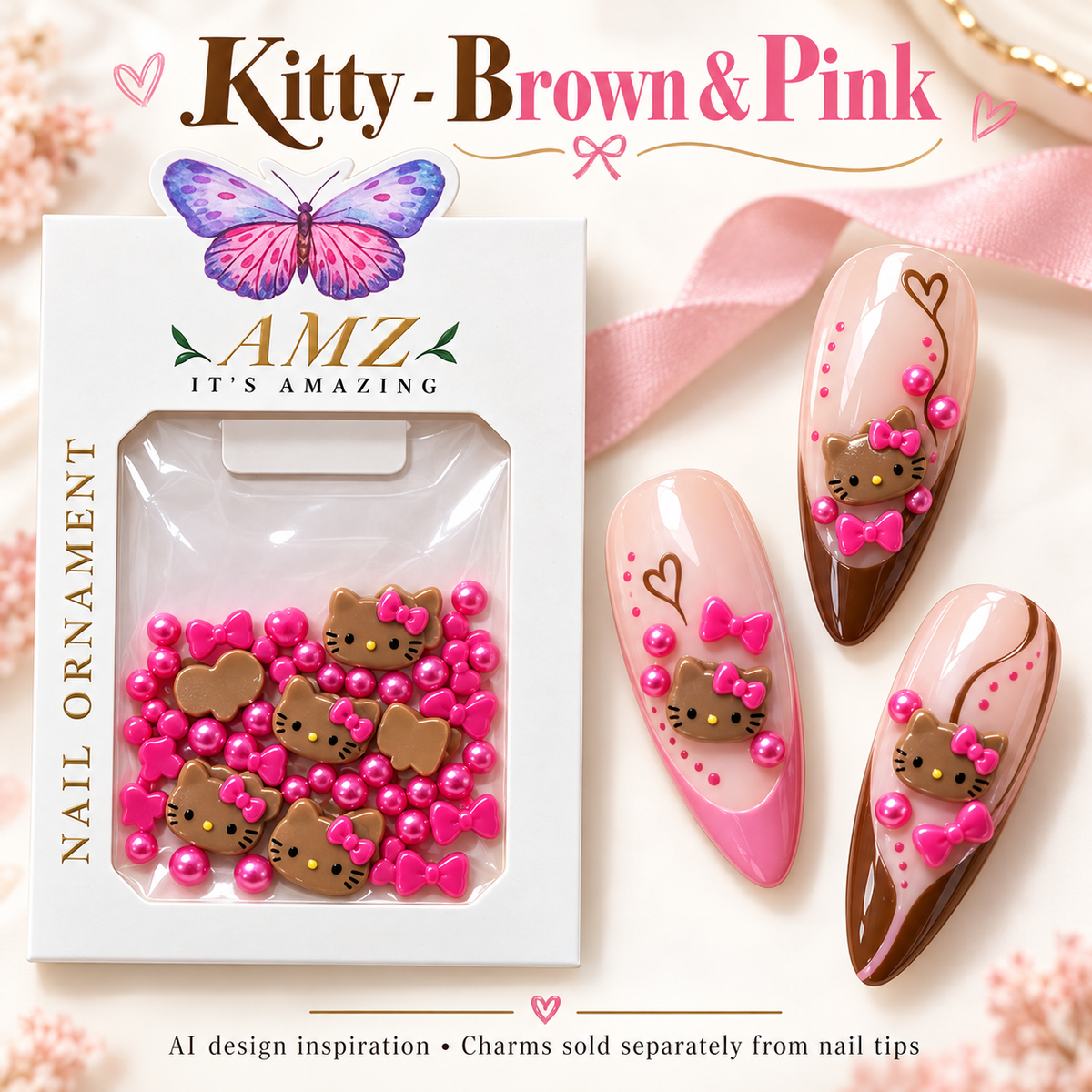 AMZ Kitty - Brown & Pink package and three AI nail art inspiration designs – packaging mockup