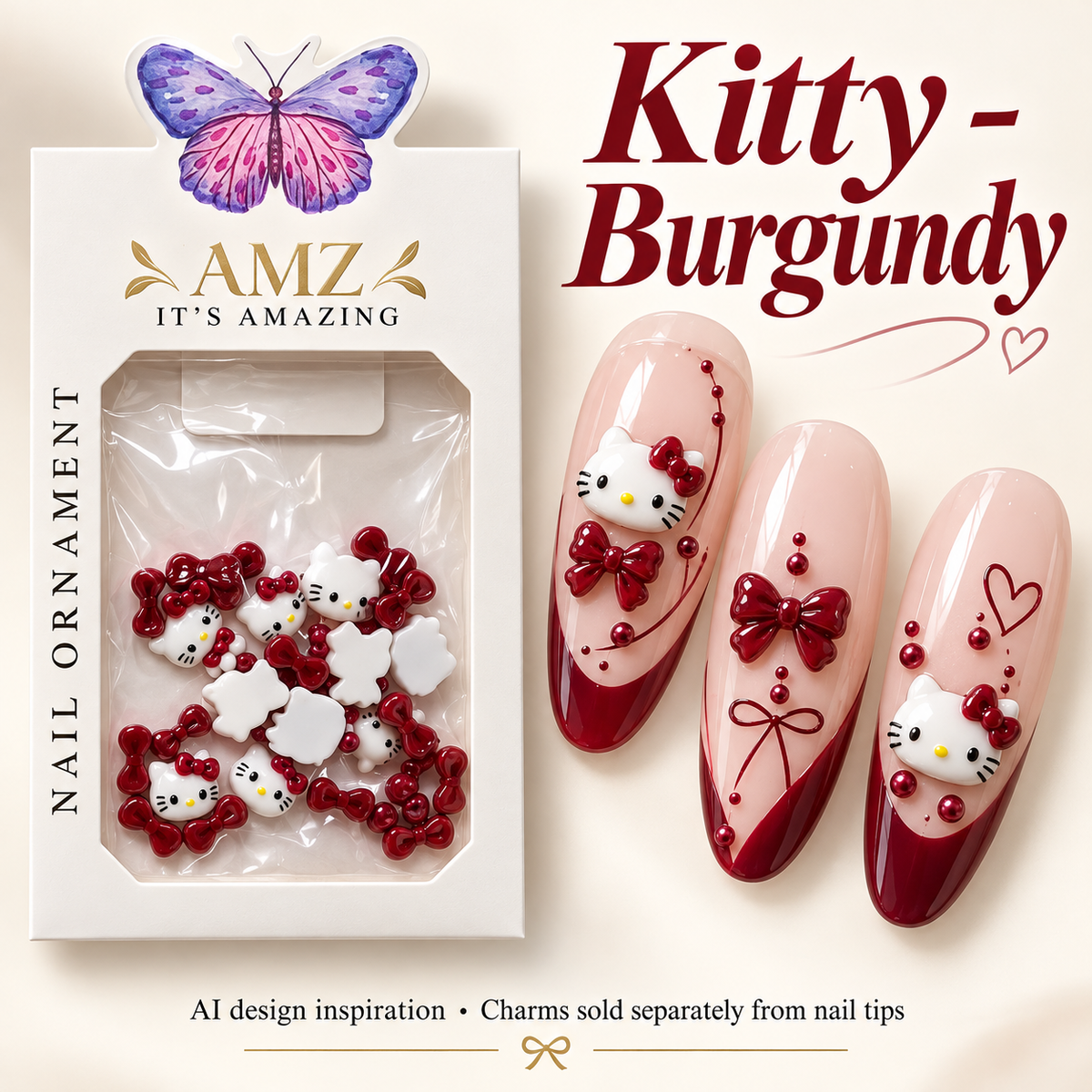AMZ Kitty - Burgundy package and three AI nail art inspiration designs – packaging mockup