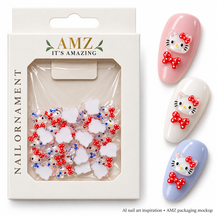 AMZ Kitty - Red Polka Bow package and three AI nail art inspiration designs – packaging mockup