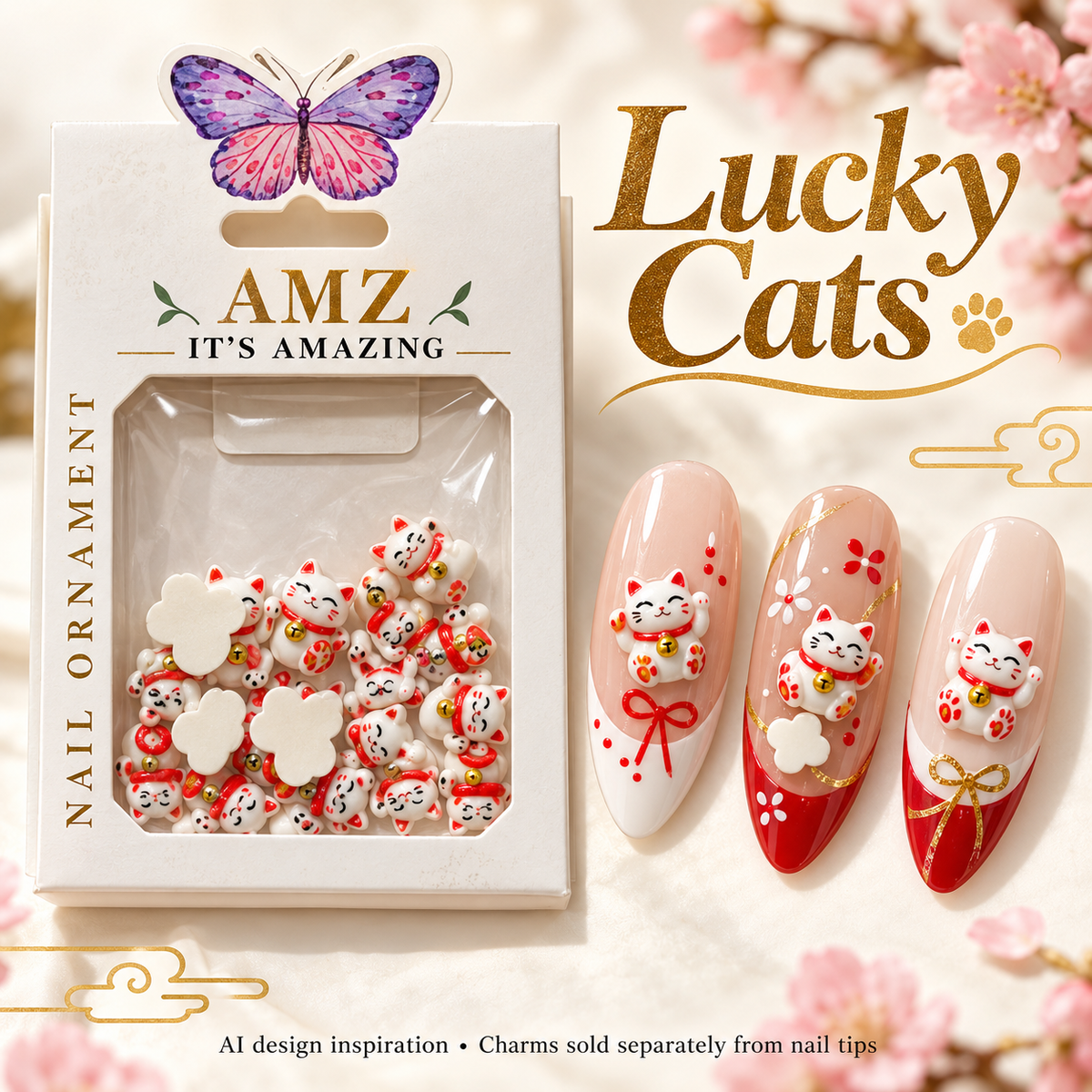 AMZ Lucky Cats package and three AI nail art inspiration designs – packaging mockup