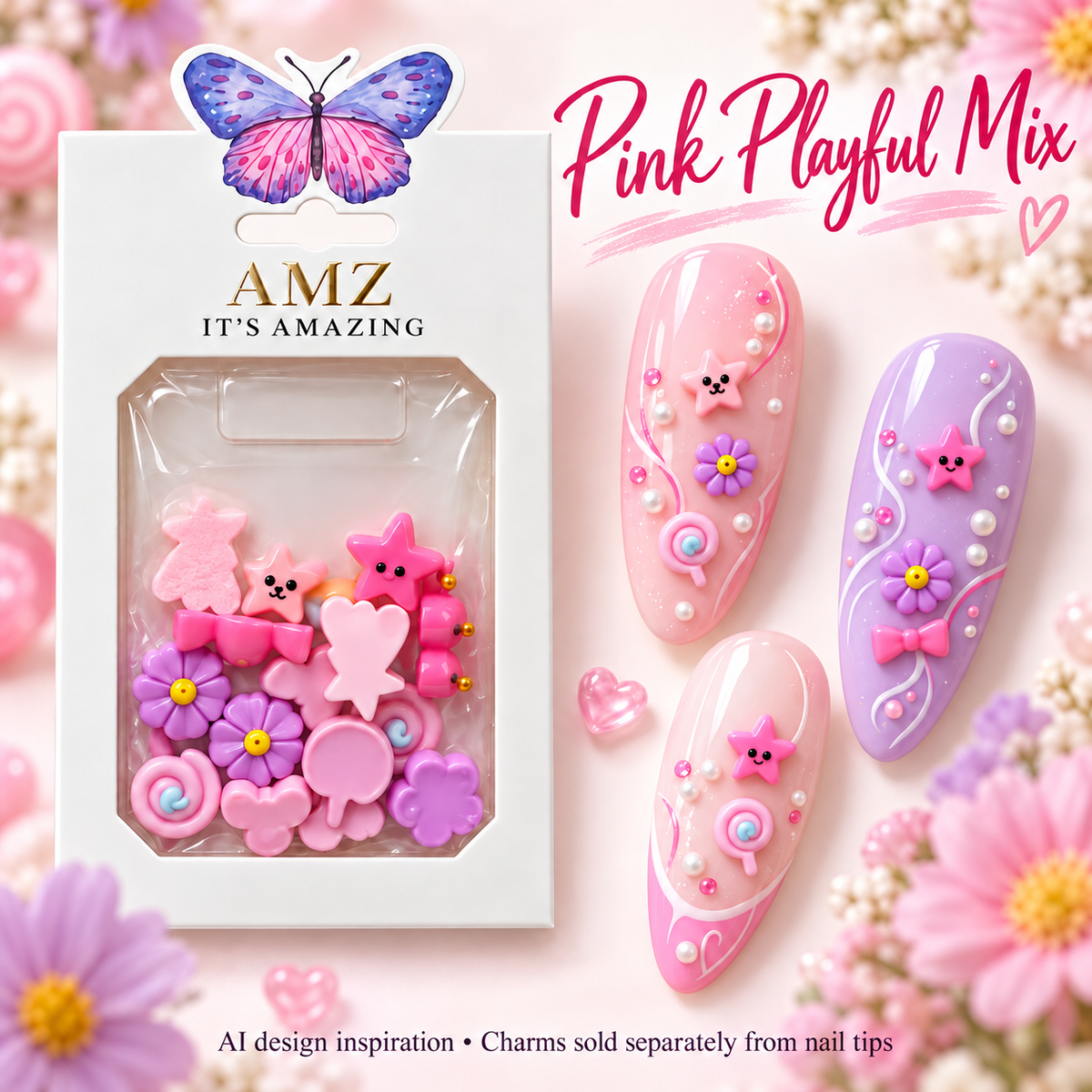AMZ Pink Playful Mix package and three AI nail art inspiration designs – packaging mockup