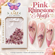AMZ Pink Rhinestone Motifs package and three AI nail art inspiration designs – packaging mockup