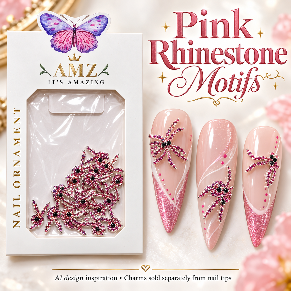 AMZ Pink Rhinestone Motifs package and three AI nail art inspiration designs – packaging mockup