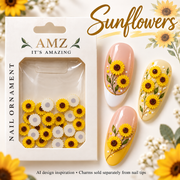 AMZ Sunflowers package and three AI nail art inspiration designs – packaging mockup