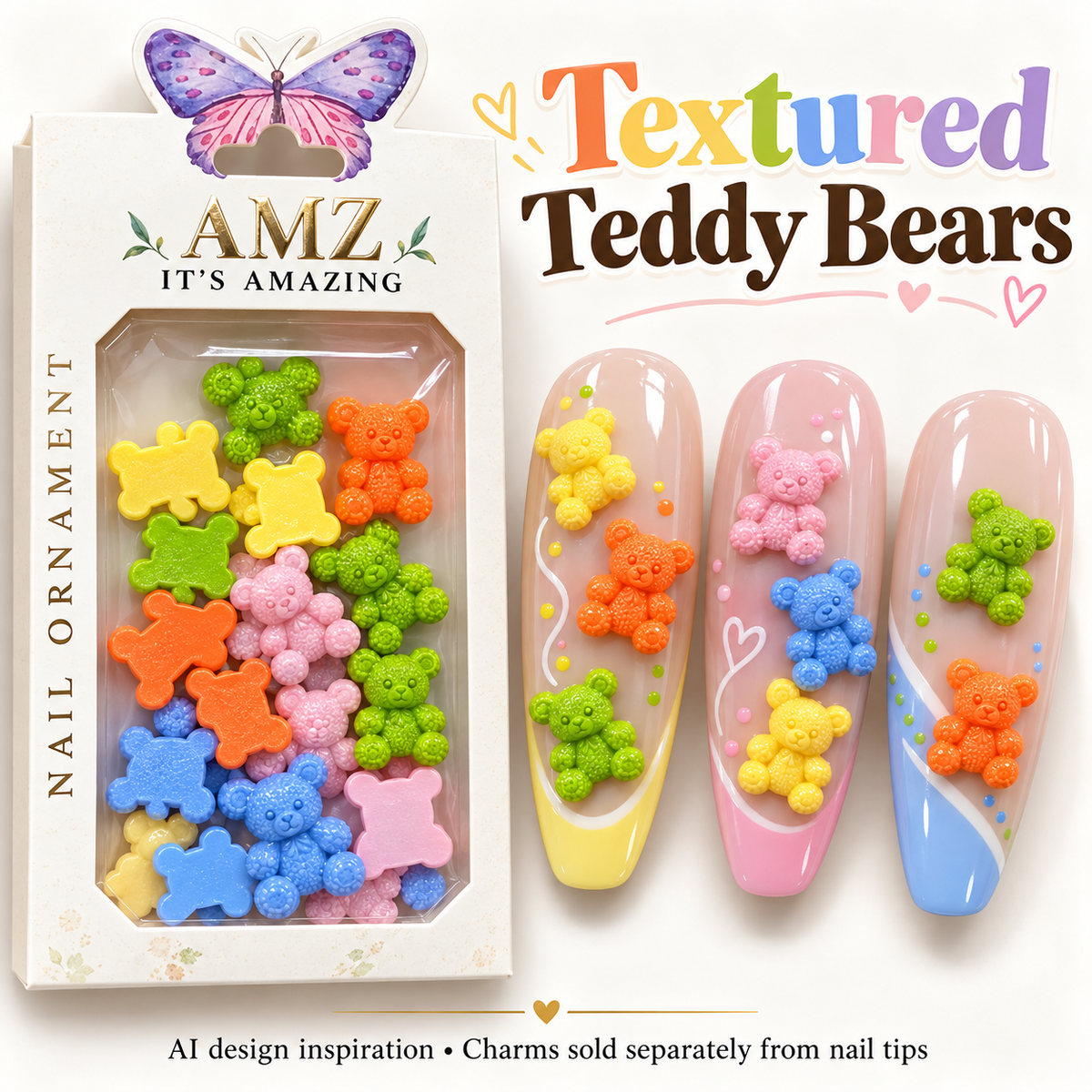 AMZ Textured Teddy Bears package and three AI nail art inspiration designs – packaging mockup