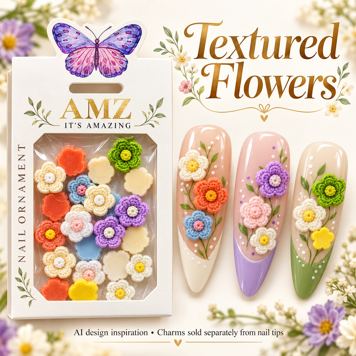 AMZ Textured Flowers package and three AI nail art inspiration designs – packaging mockup