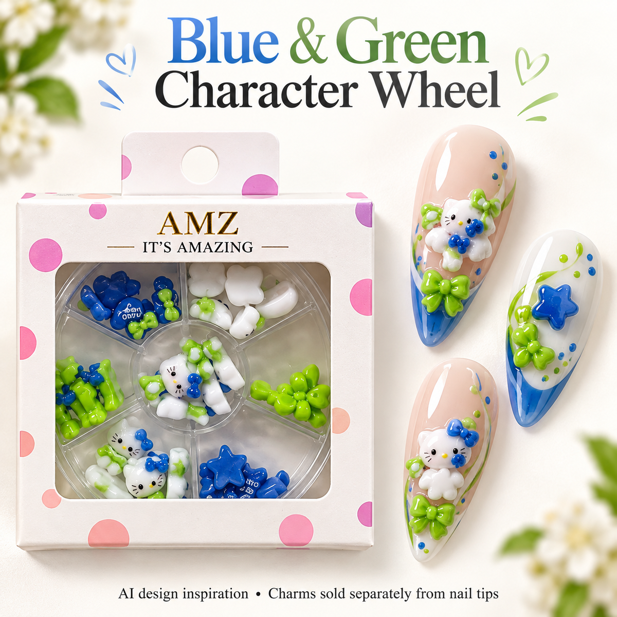 AMZ Blue & Green Character Wheel package and three AI nail art inspiration designs – packaging mockup