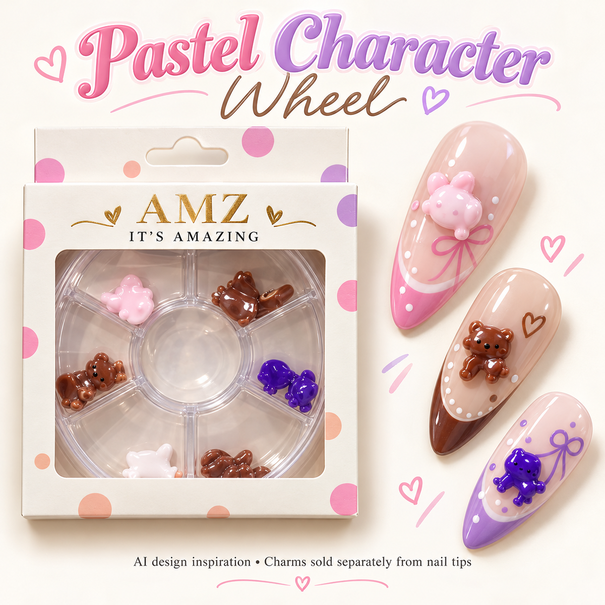 AMZ Pastel Character Wheel package and three AI nail art inspiration designs – packaging mockup