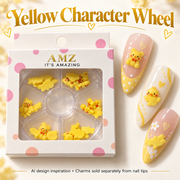 AMZ Yellow Character Wheel package and three AI nail art inspiration designs – packaging mockup